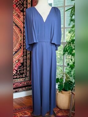 549. Halston Heritage Pleated Cape Sleeve Georgette Gown - Navy Blue - Size 10